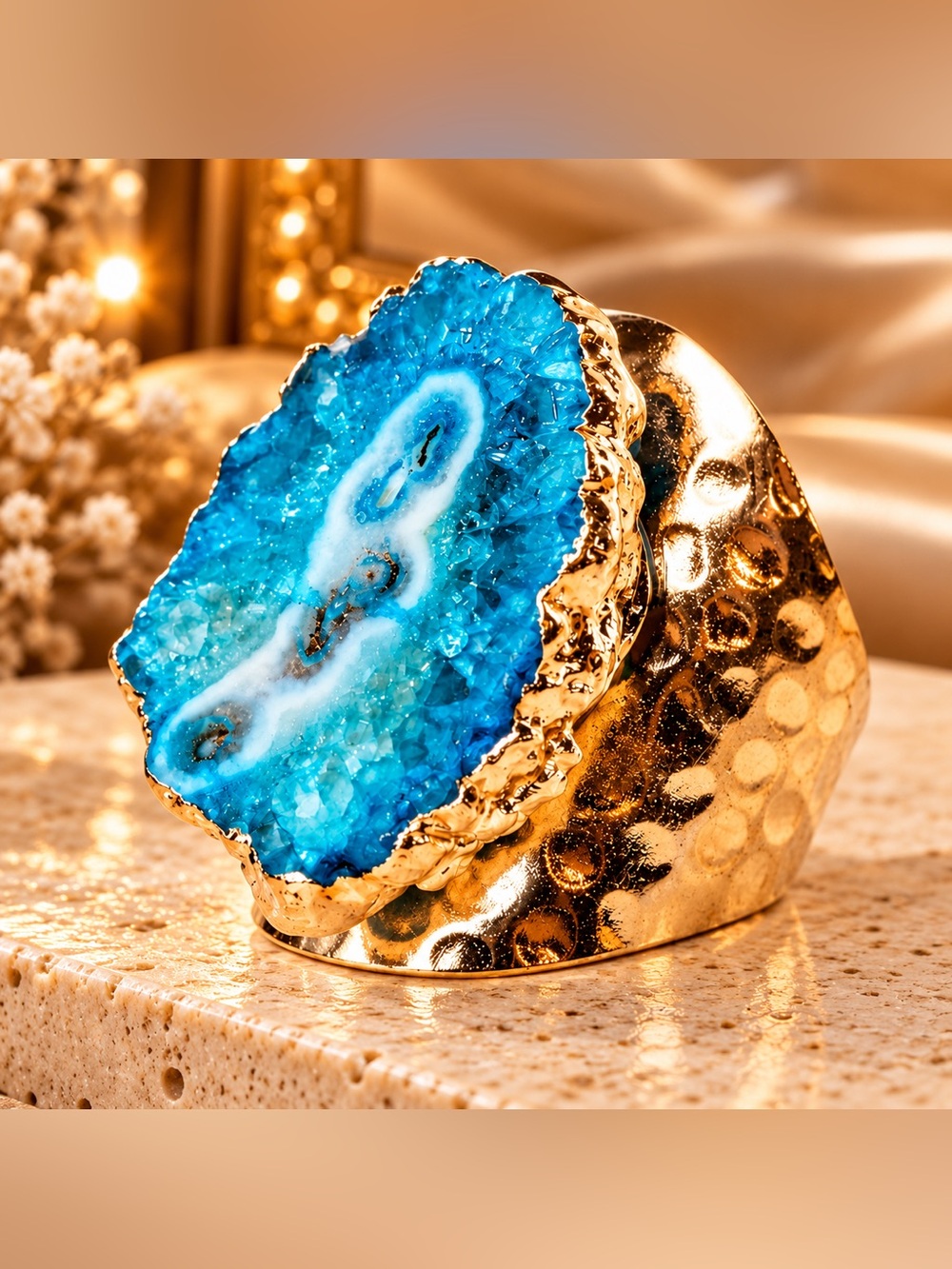 Boho Druzy Geode Statement Ring Hammered Band